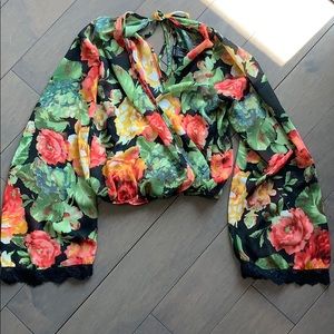 Forever 21 Floral Lace Trim Bell Sleeve Top - S